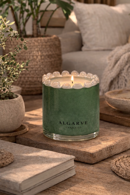 Hand Blown Glass Candle - Green & White