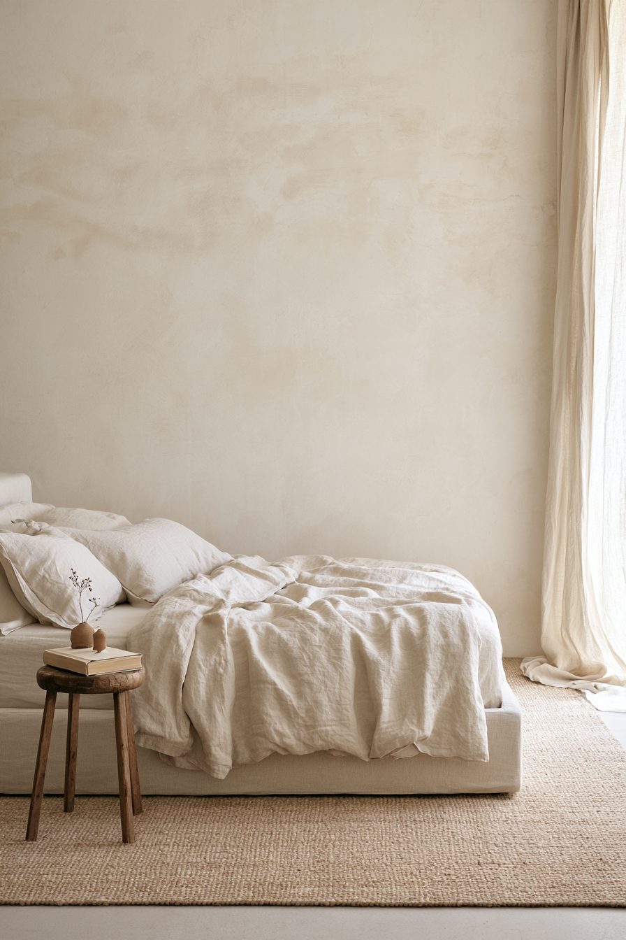 Calm bedroom with linen bedding and a plaster wall – Fresh fragrance collection